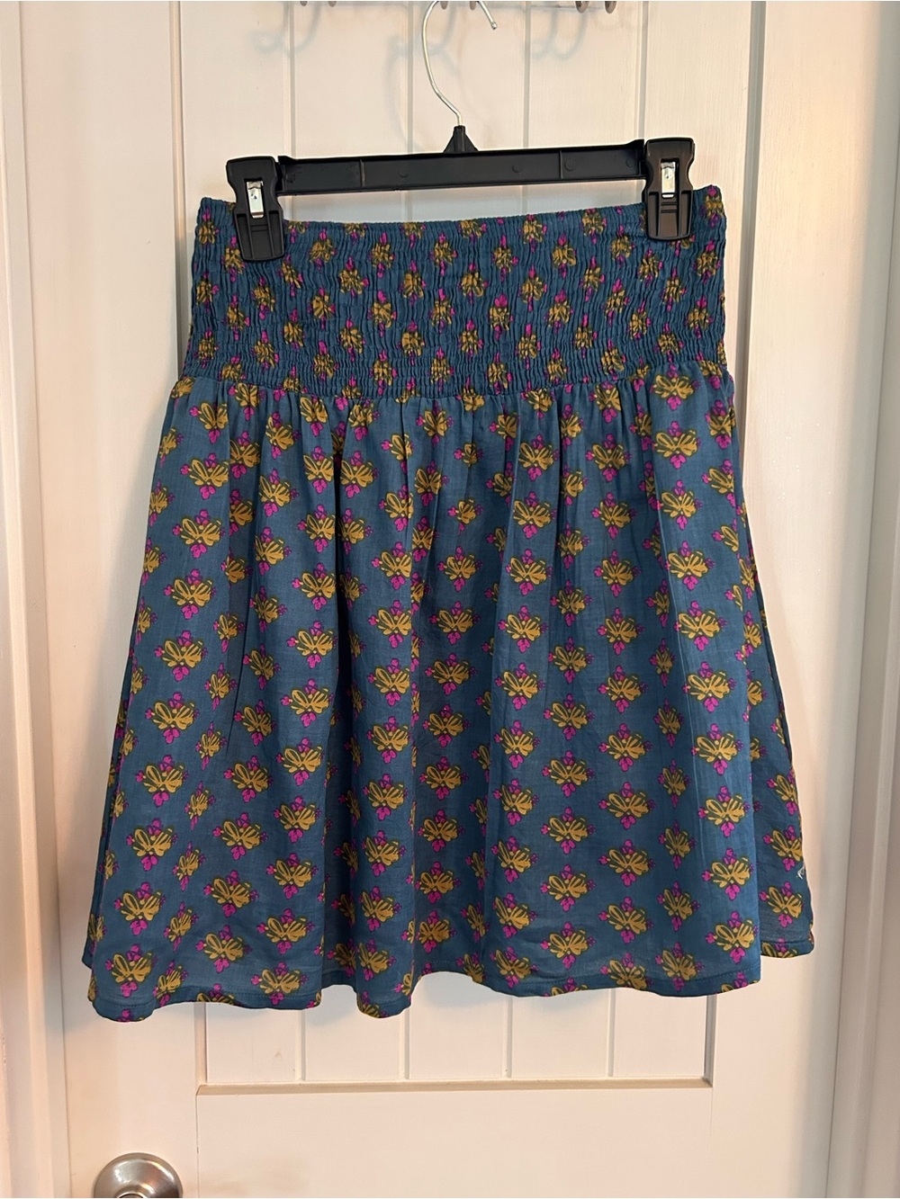 NATURAL LIFE Reversible Blue Floral Smocked Skirt Teal Coral Block Print Small
